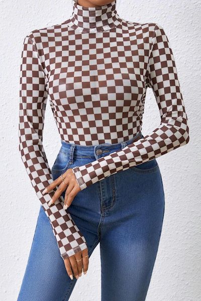 Cozy Elegance Checkered High-Neck Bodysuit