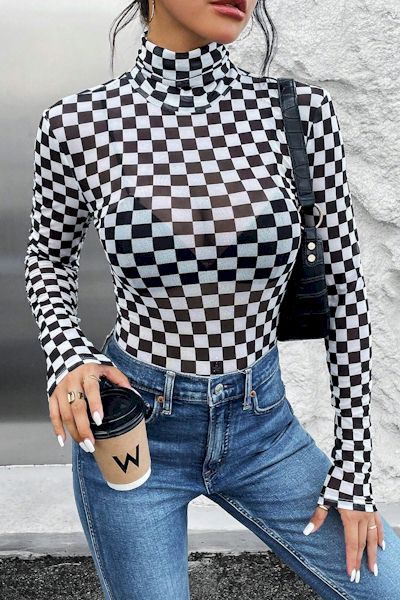 Load image into Gallery viewer, Cozy Elegance Checkered High-Neck Bodysuit
