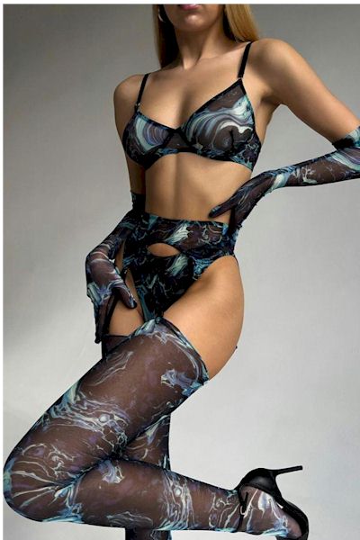 Groovy Glamour: Tie-Dye Garter Three-Piece Set with Underwire, Gloves & Stockings