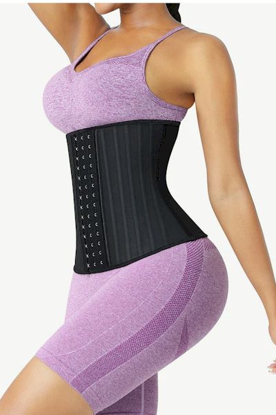 Sculpted Strength: Hot Black Latex Waist Training Corset with 25 Steel Boned Cincher