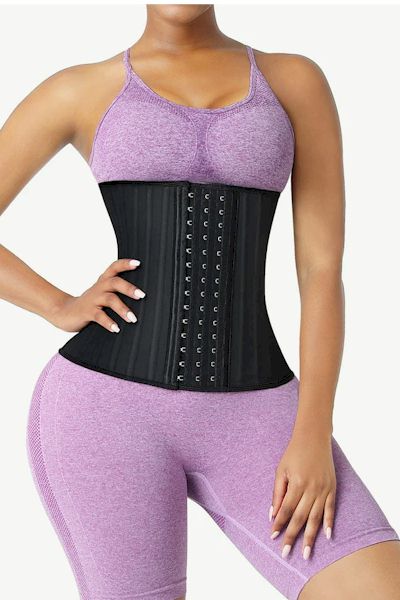 Sculpted Strength: Hot Black Latex Waist Training Corset with 25 Steel Boned Cincher