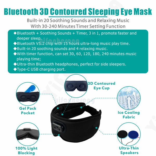 3D Bluetooth Sleep Eye Mask Sleep Aid with Built-in Earphones – White Noise & Soothing Music
