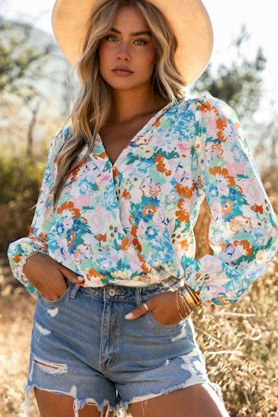 Sky Blue Floral Print Wrap Long Sleeve Bodysuit