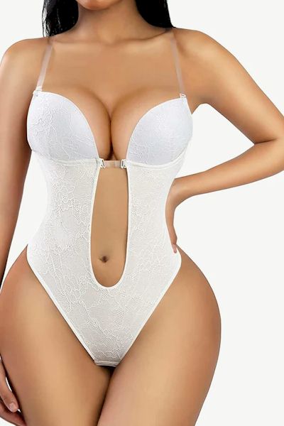 Load image into Gallery viewer, Elegance and Allure: Deep V-neck Lace Thong Bodysuit for Confident Seduction
