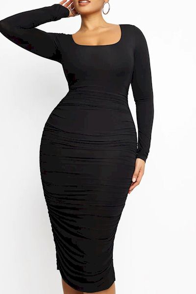 Hourglass Elegance: Square-Neck Long-Sleeve Shaper Dress with Waist Lace