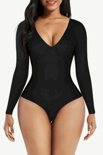 Sleek Sophistication: Long Sleeve Thong Bodysuit with Waist Control