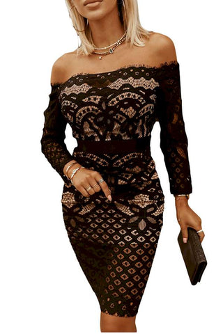Black Off Shoulder Lace Bodycon Mini Dress