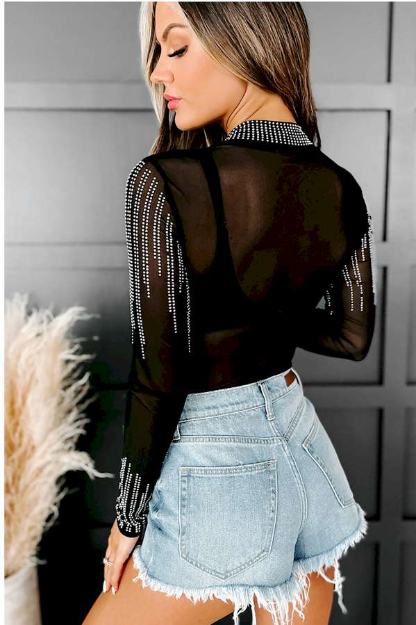 Black Rhinestone Sheer Mesh Long Sleeve Bodysuit