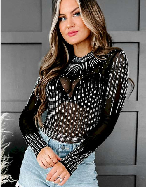 Load image into Gallery viewer, Black Rhinestone Sheer Mesh Long Sleeve Bodysuit
