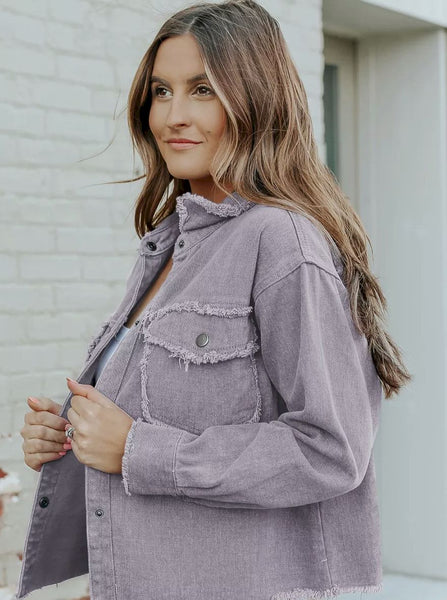 Distressed Flap Pockets Frayed Hemline Denim Jacket