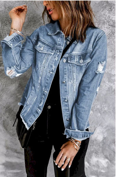Lapel Distressed Raw Hem Buttons Denim Jacket