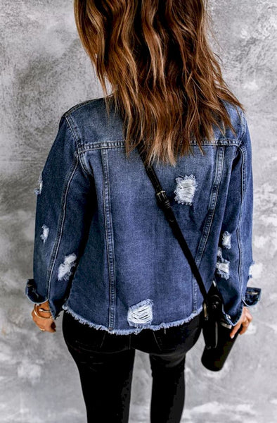 Lapel Distressed Raw Hem Buttons Denim Jacket