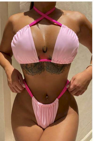 Pink Padded Halter-Neck Tied Sexy Classic Bikini Set