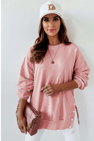 Pink Crew Neck Slit Buttons Sweatshirt