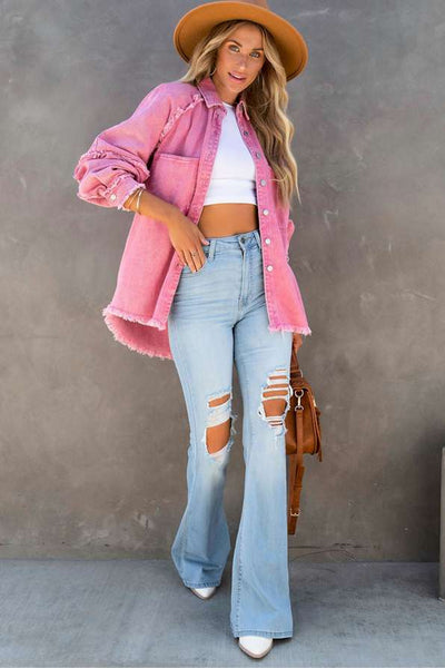 Pink Frayed Hemline Denim Shacket