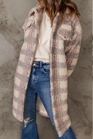 Pink Plaid Emboss Polar Fleece Long Coat
