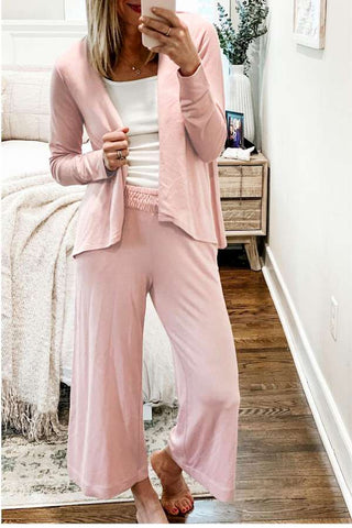 Pink Solid Knit Cardigan and Wide Leg Lounge Pants Set