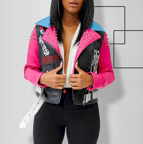 Studded Printed Lapel Fashionable Zipper PU Leather Short Jacket