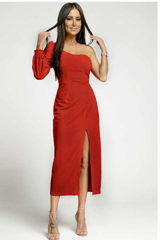 Look Exquisite in this Red One Shoulder Midi Dress