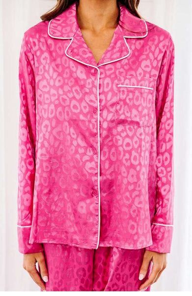 Rose 2pcs Leopard Satin Long Sleeve Pajamas Set