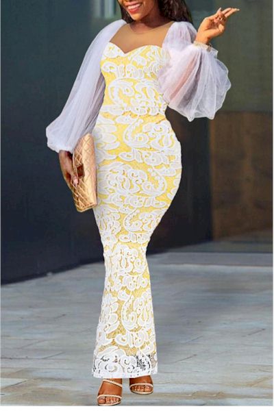 Sexy Stretchy Mesh Lace Zip-Up Maxi Dress