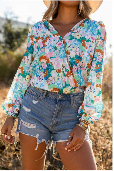 Sky Blue Floral Print Wrap Long Sleeve Bodysuit
