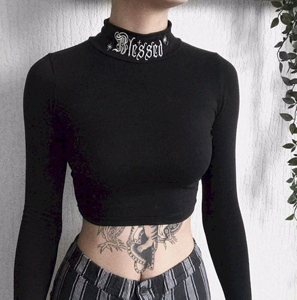 Black Bodycon Long Sleeve Crop Tops Gothic Solid