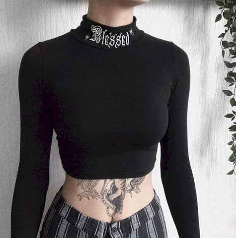 Black Bodycon Long Sleeve Crop Tops Gothic Solid